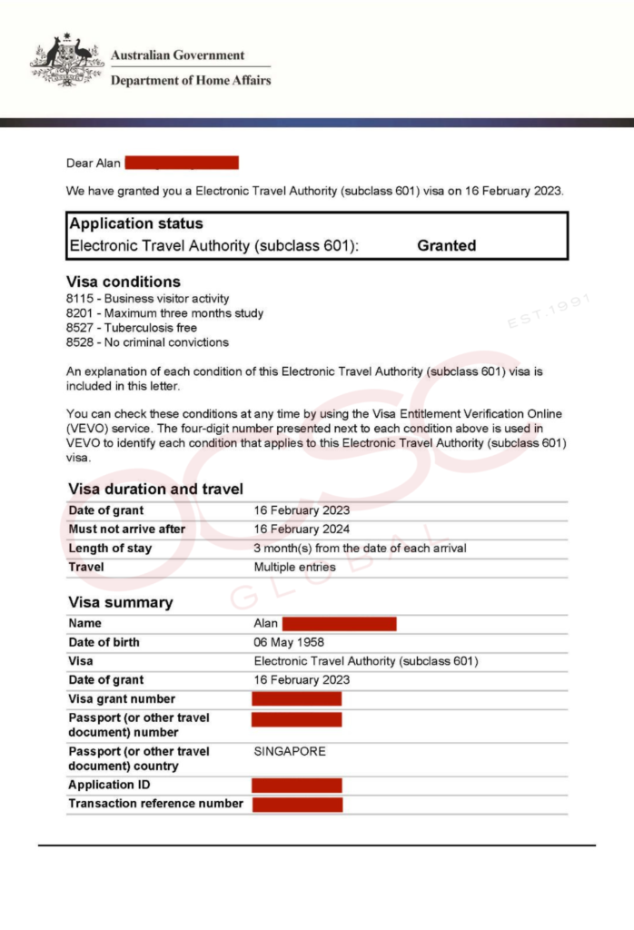 Approval for Australia Electronic Travel Authority (ETA) Subclass 601 OCSC Indonesia
