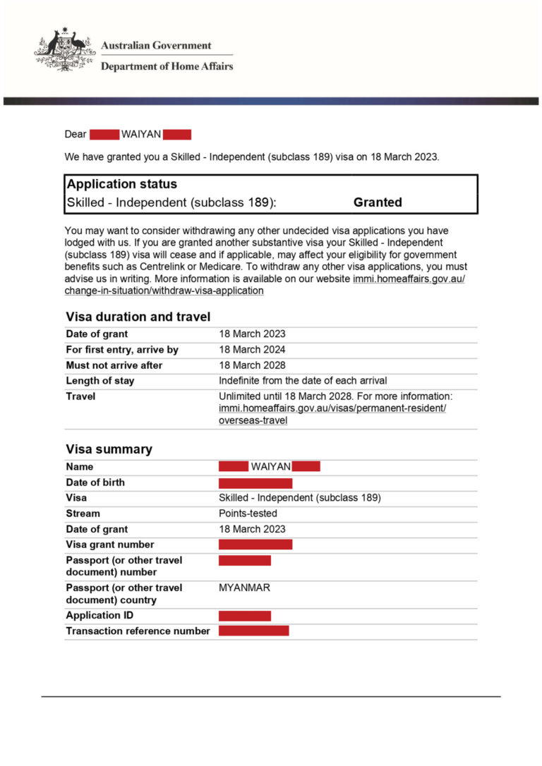 Wai Yan's Immigration Grant Letter for Subclass 189