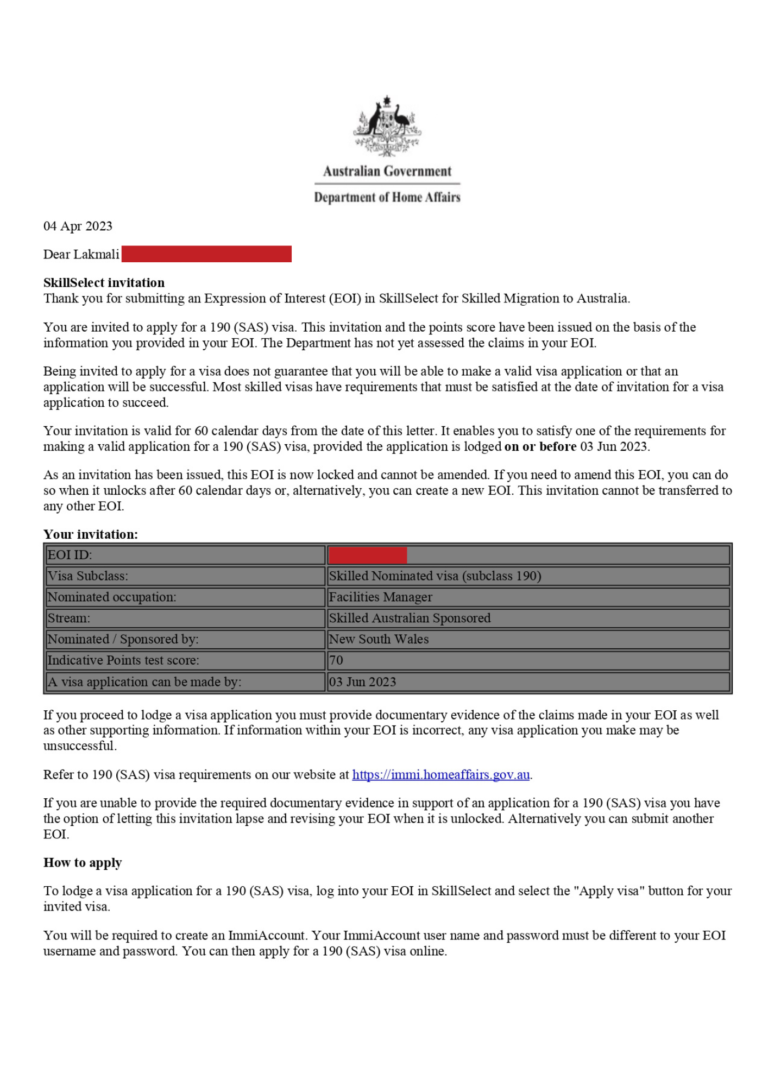 Lakmali's Invitation to Apply for Skilled Nominated Visa Subclass 190