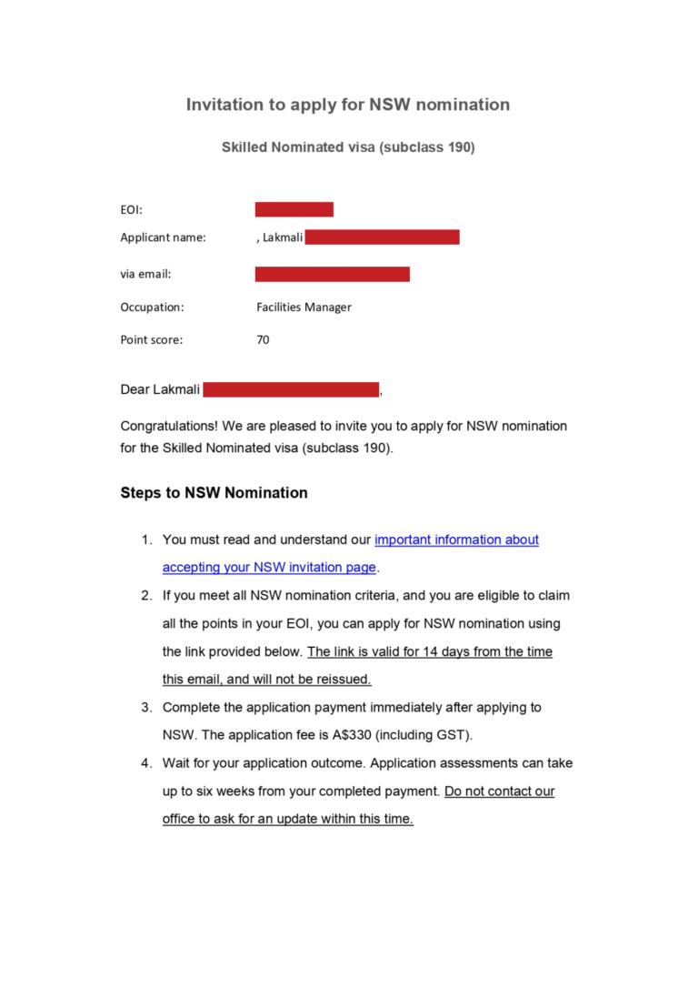 Lakmali's Notice of Interest for Skilled Nominated Visa Subclass 190