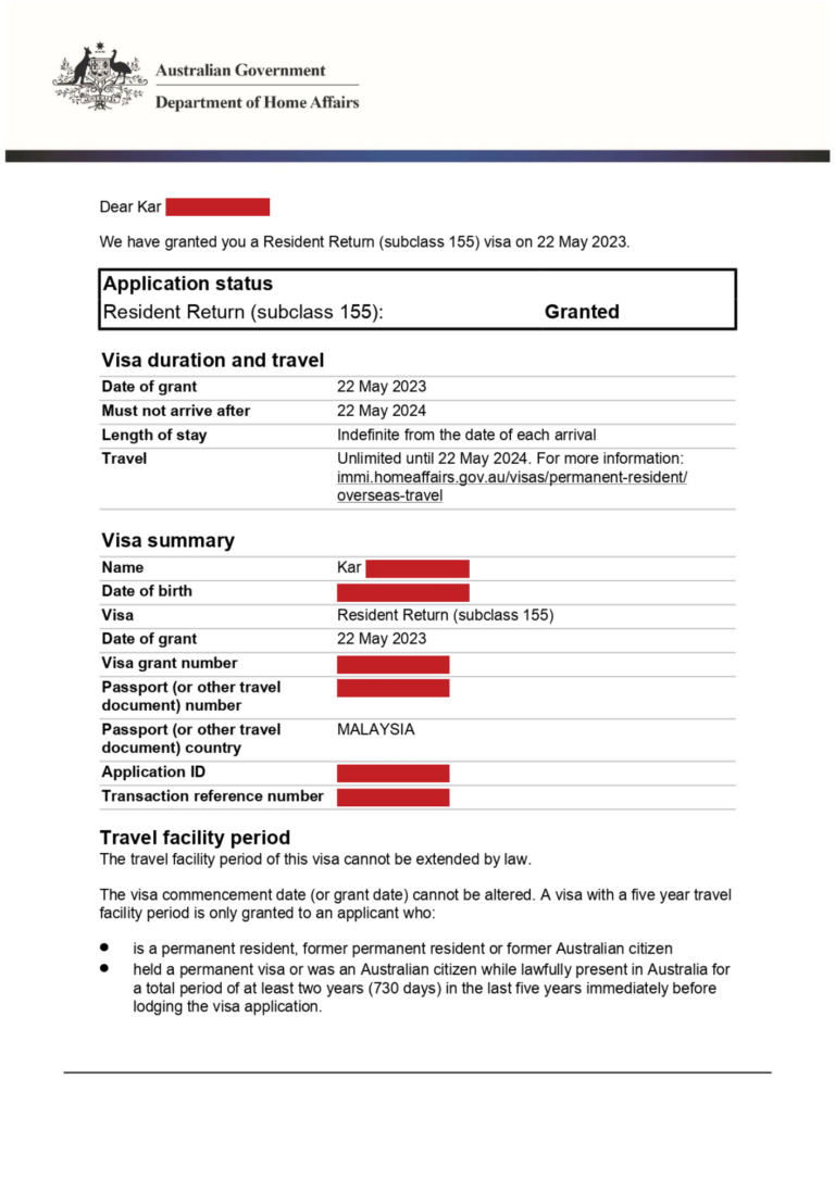 Kar's Australia Resident Return Visa Grant Letter