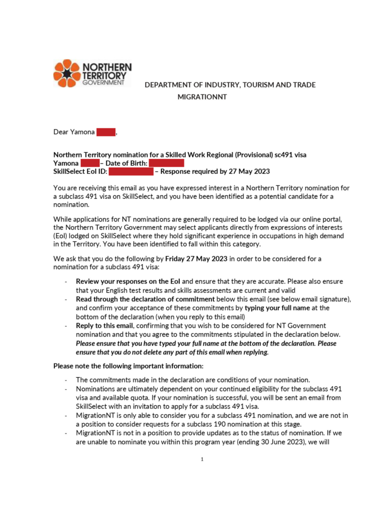 Yamona's Australia Subclass 491 NT Visa NOI