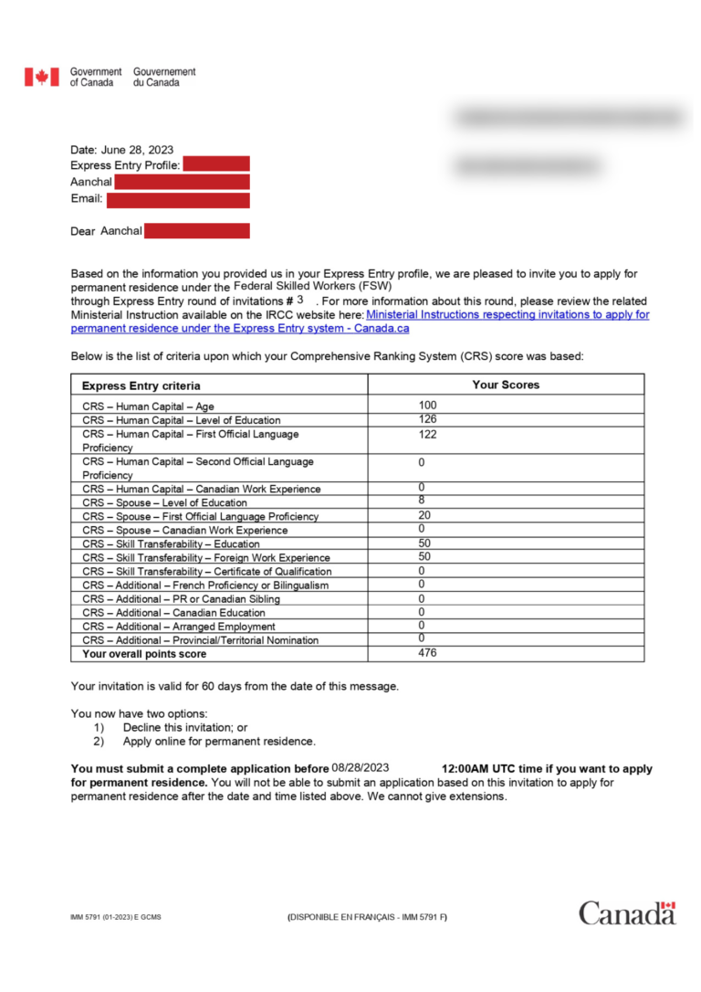 Aanchal's Invitation to Apply letter with CRS score