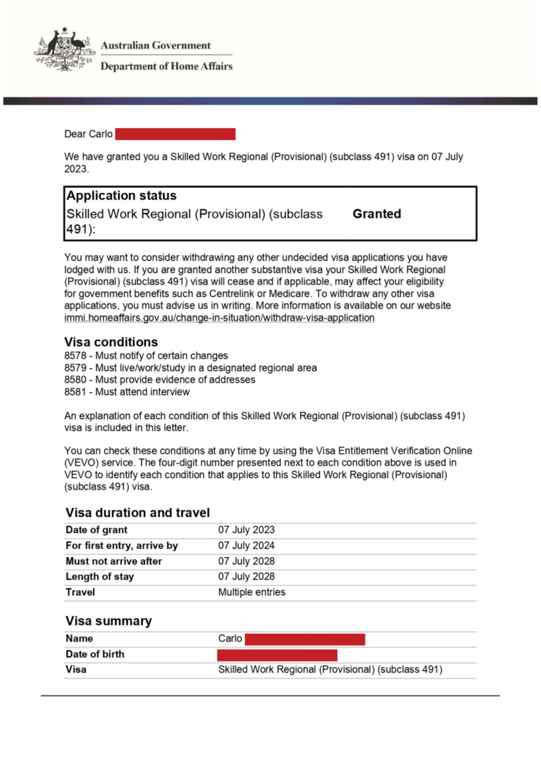 Carlo's Australia Subclass 491 Grant Letter