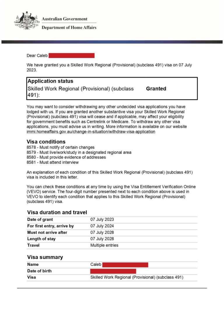 Carlo's Child's Australia Subclass 491 Grant Letter
