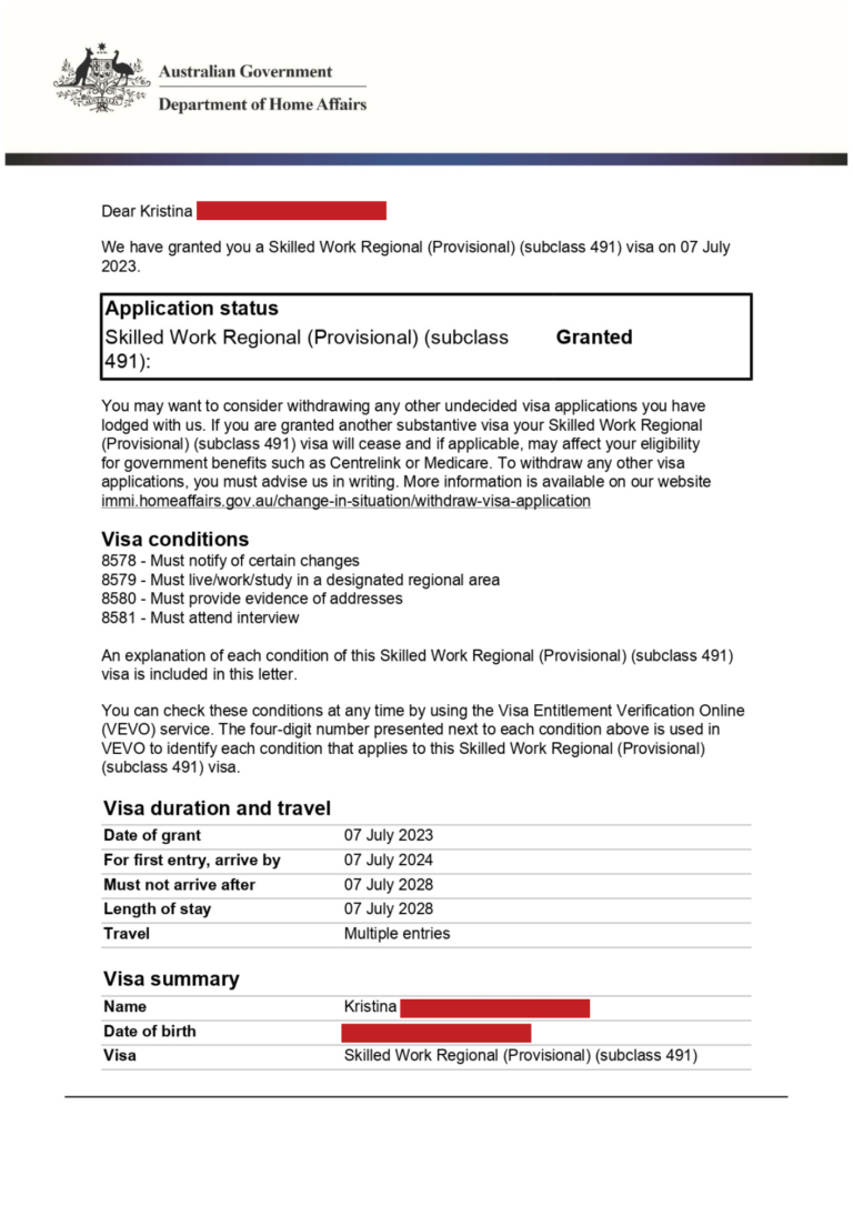 Carlo's Wife's Australia Subclass 491 Grant Letter