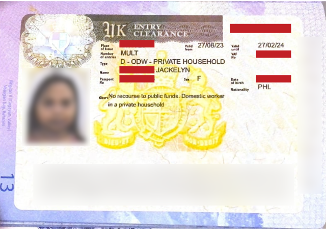 Jackelyn's UK Domestic Worker Visa Stamp